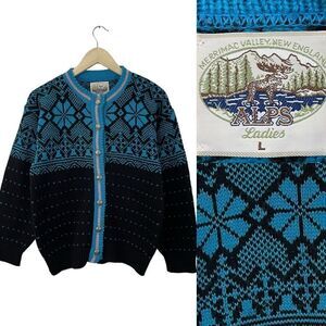 Vintage Alps New England USA Made Large Wool Sweater Cardigan Blue Black Womens